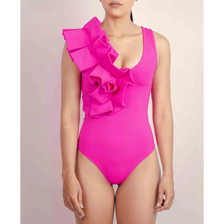 Maillot de bain une pièce amincissant pour femmes, pli carré sur un côté, couverture châle, rose