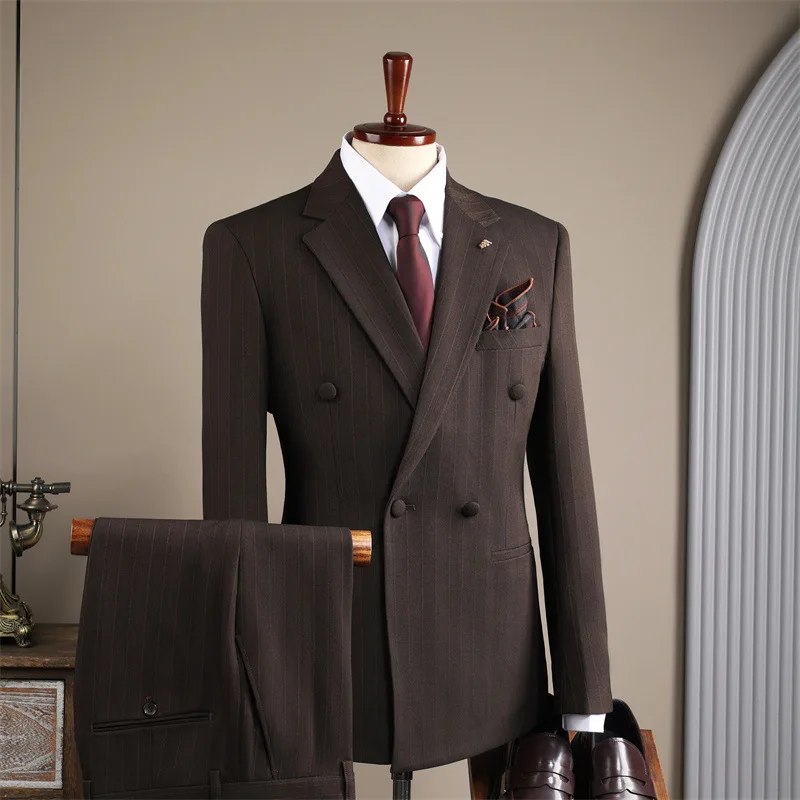 

Man 2-piece Outfit Striped Turn Down Collar Double-breasted Blazer Men Straight-leg Pant Male Slim Breathable Business Suit Set