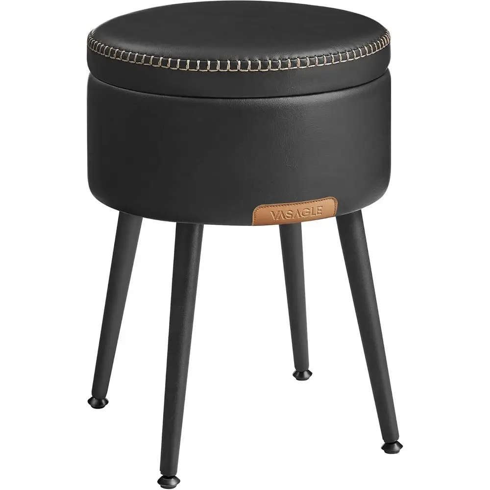 

Storage Ottoman, Vanity Chair Stool, Synthetic Leather with Stitching, Round Storage Seat with Steel Legs, Loads 330 lb, Ink Bla