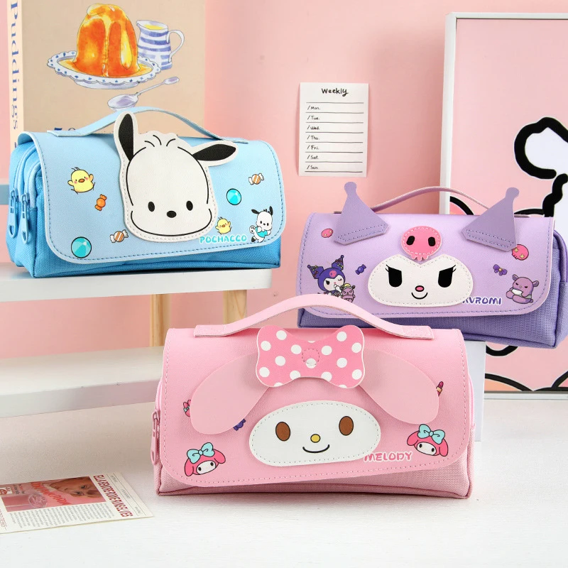 Cartoon Cute Sanrio Large Capacity Pencil Case Kuromi Pachacco Melody Pencil Bag Pouch Kids Stationery Storage Bag Supplies