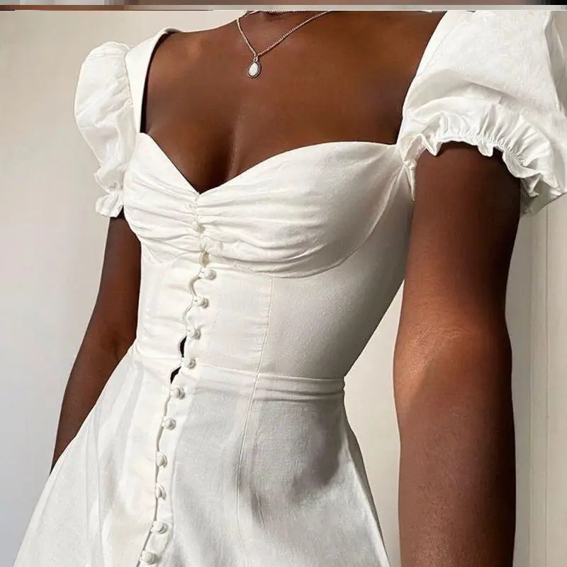 Ele White Dr with Square Collar Bubble Princ Sves High Waist A-Line Skirt Long Sve ort Dr Street Sle