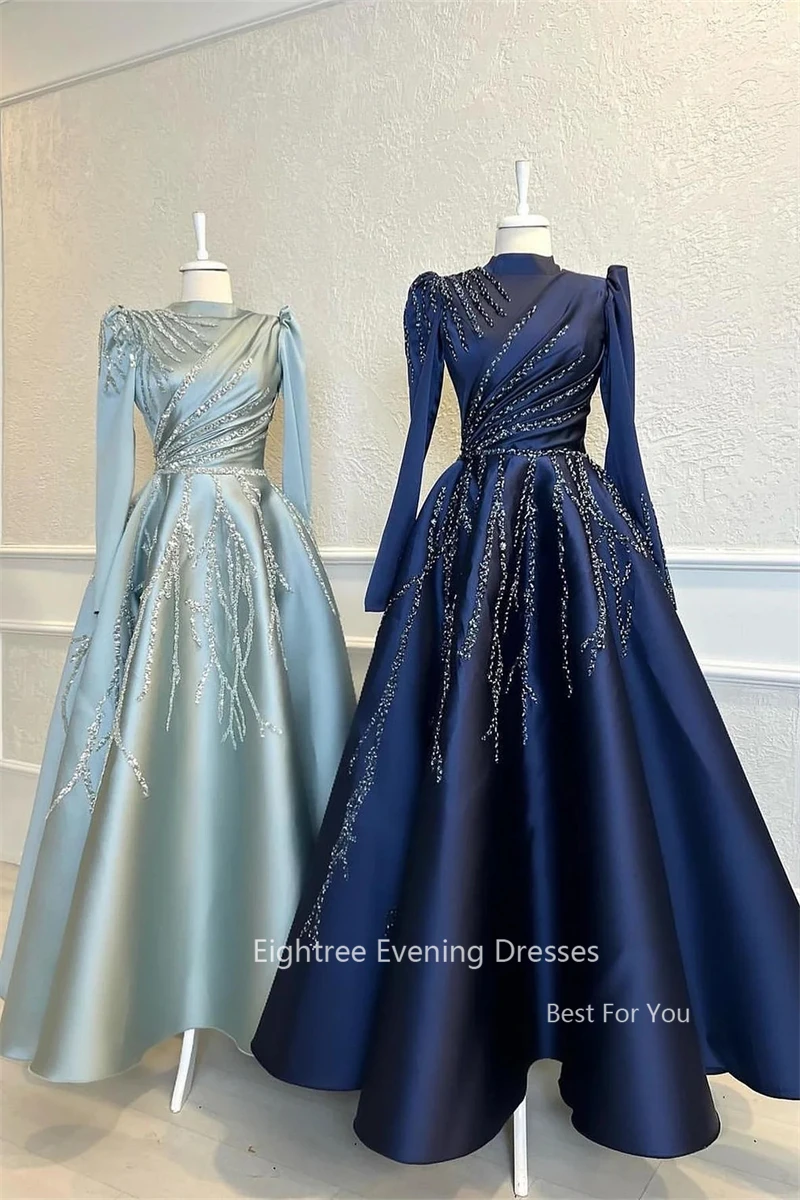 Eightree Blue Dubai Arabic Women Evening Dresses High Neck Prom Gowns Sparkly Sequined Muslim Formal Party Occasion Dress فساتين