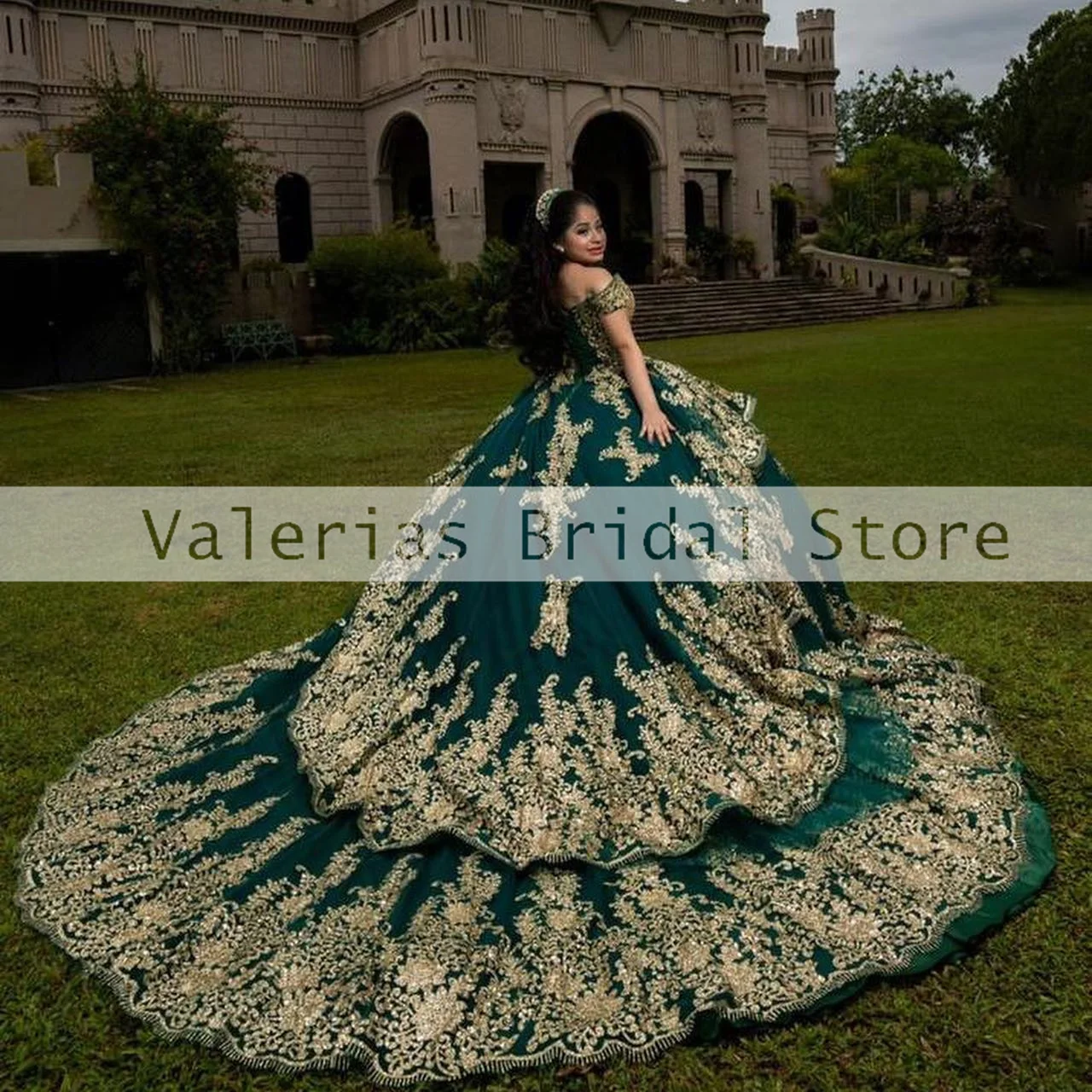 Green Quinceanera Dress Gold Sequin Appliques Princess Ball Gown Off The ShoulderSweet 15 16 Dress Luxury Vestidos Customized