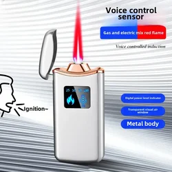 Intelligent Voice Control Windproof 4 Ignition Methods Windproof Red Flame Butane Gas Lighter Power Display USB Electric Lighter