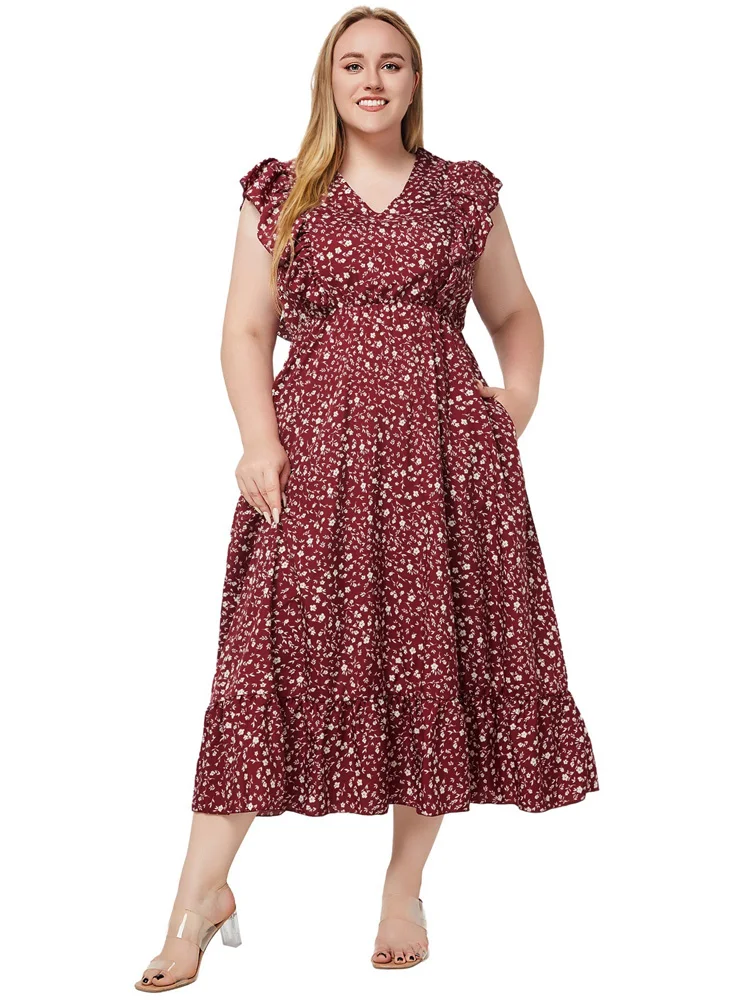 GIBSIE Plus Size Ditsy Floral V Neck Ruffle Hem Dress 2024 Boho Summer Women Holiday High Waist A-line Pockets Long Dresses