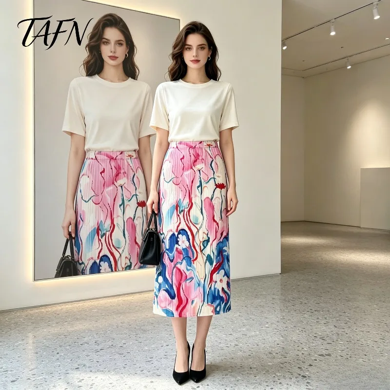 Miyake Pleated 2026 New Summer Original Casual Printed Skirt Elastic Waist Fashion Mid-Length Pleated Comfortable Skirt Pleat