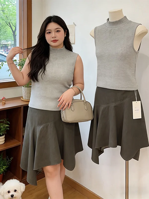 

Loose Korean Style plus Size Set Women Summer New round Neck Sleeveless Skirt Two Piece Set Asymmetrical High Waist Shorts