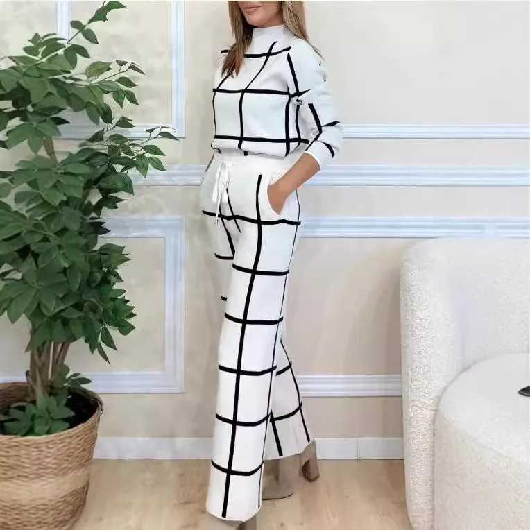 Autumn Winter Fashion Plaid 2 Piece Set Women Casual Office Commuter Lady Half-high Collar Blouse Wide Leg Pants Two Piece Sets