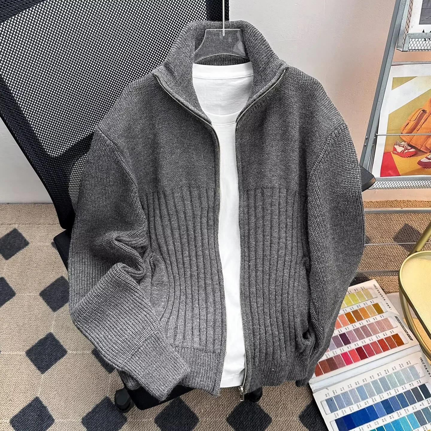 

ay Мужской вязаный свитер на молнии Long Sve, большой размер, осень-зима, повседневный свободный крой, топ из полиэфирного волокна с принтом для пар