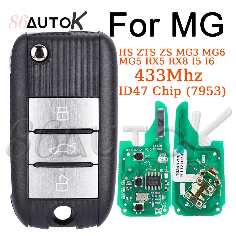 Auto Smart Remote Key 433Mhz with ID47 Chip (7953) for MG HS ZTS ZS MG3 MG6 MG5 RX5 RX8 I5 I6 Flip Folding Key Car Key 3 Buttons