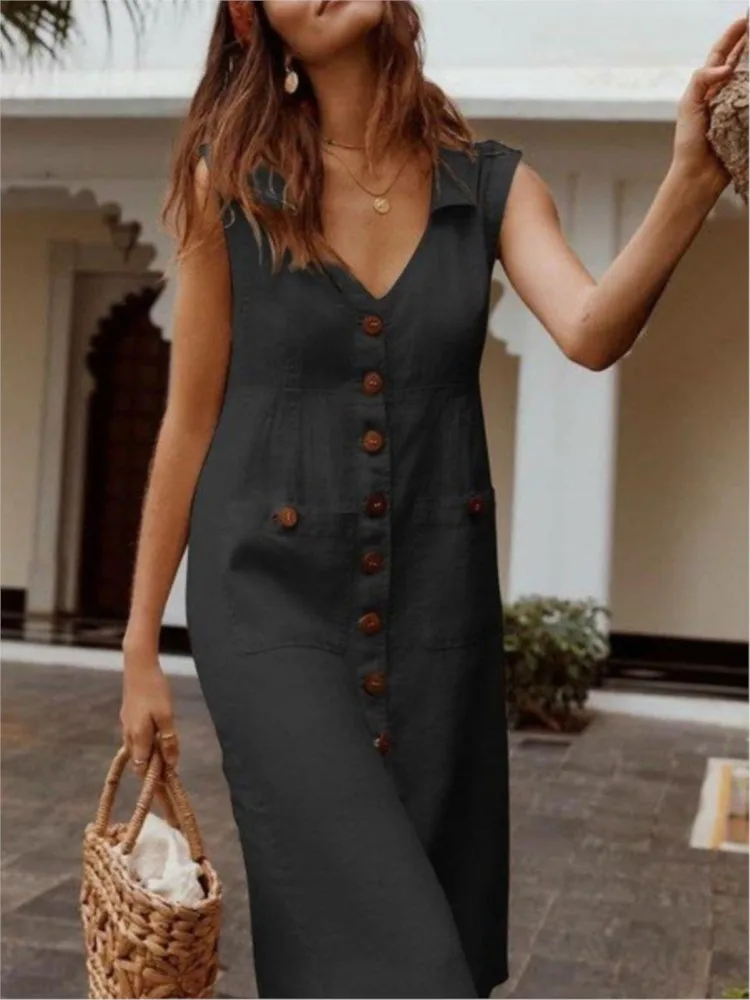 Summer Fashion V-Neck Button Dress Women Sleeveless Office Party Casual Dresses Female Solid New Vestidos