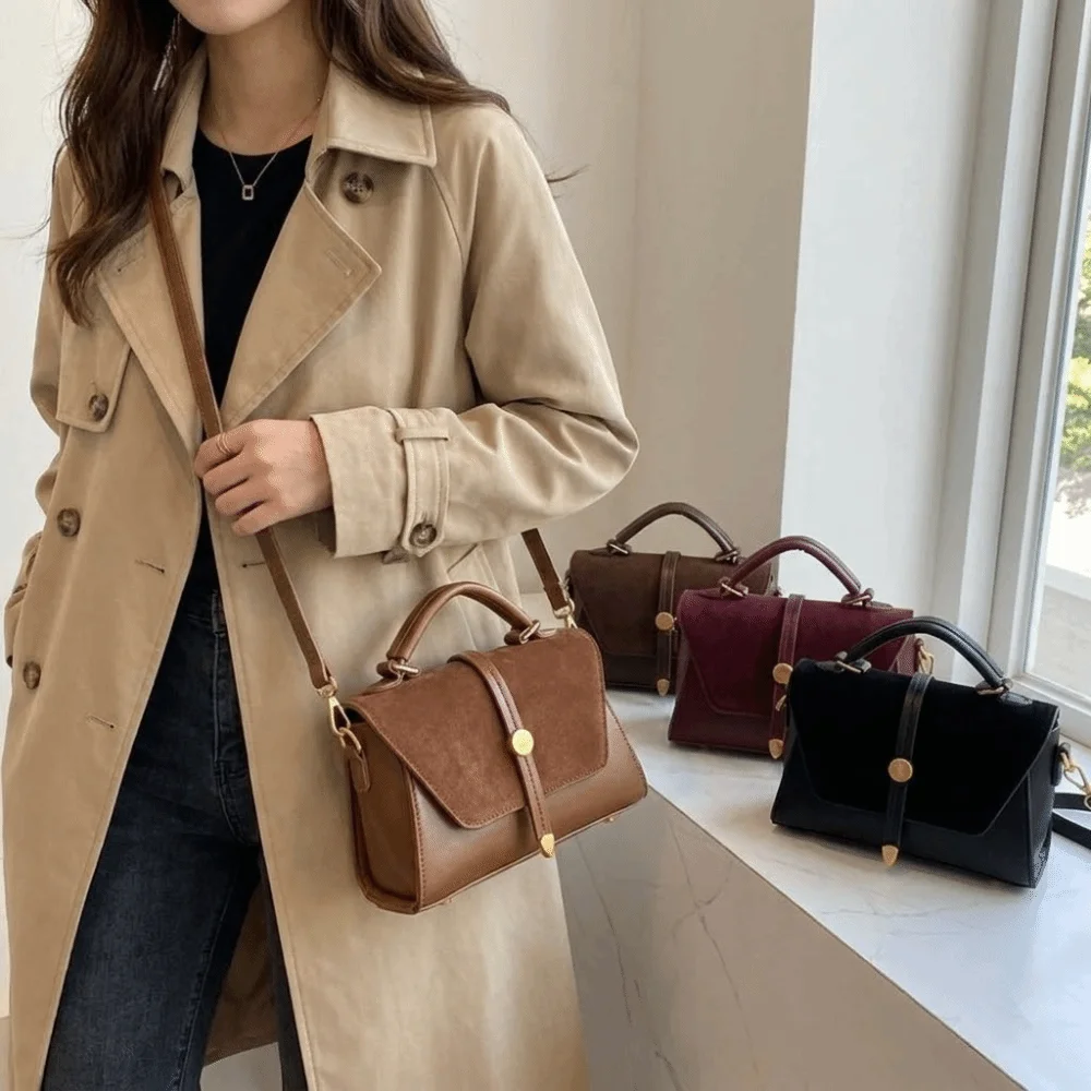 

Golden-Tone Hardware Faux PU Crossbody Bag Square Suede Fabric Adjustable Strap Handbag Elegant Stylish