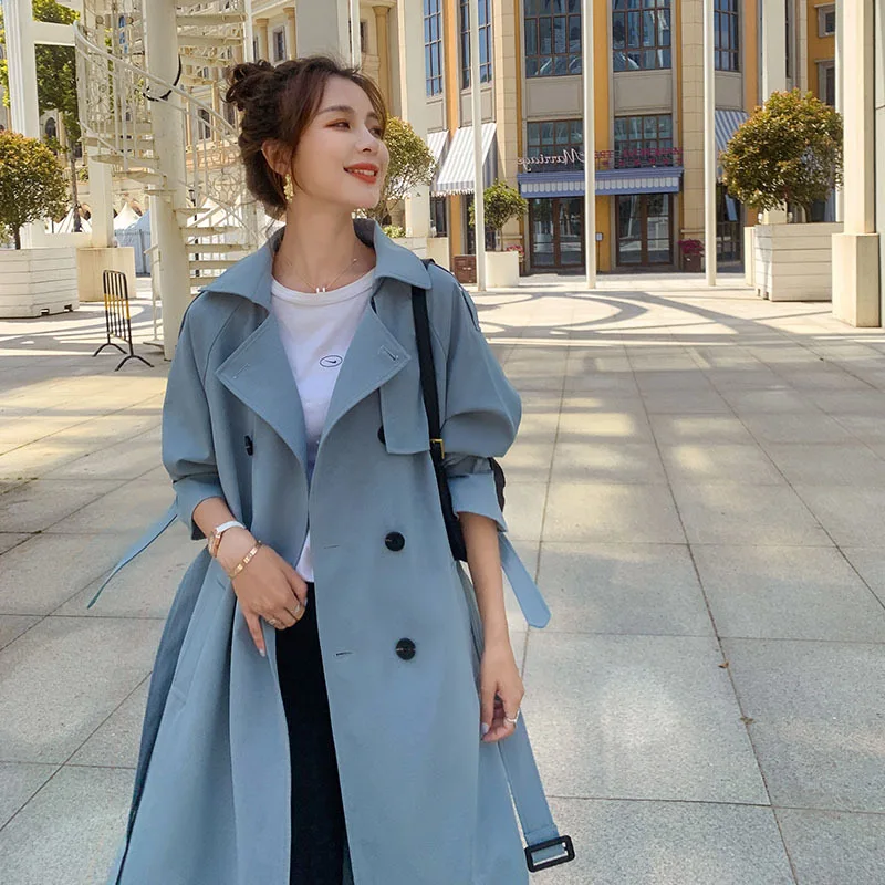 British Style Long Trench Coats Classic Double Breasted Windbreaker Elegant Womens Loose Overcoats Korean Fashion Blue Gabardina