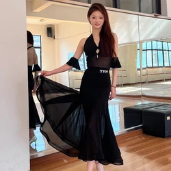 Ballroom Dance Clothes Women Black Tops Mesh Skirt Adult Waltz Dance Dress Performance Clothing Ballroom Practice Wear BL13004
