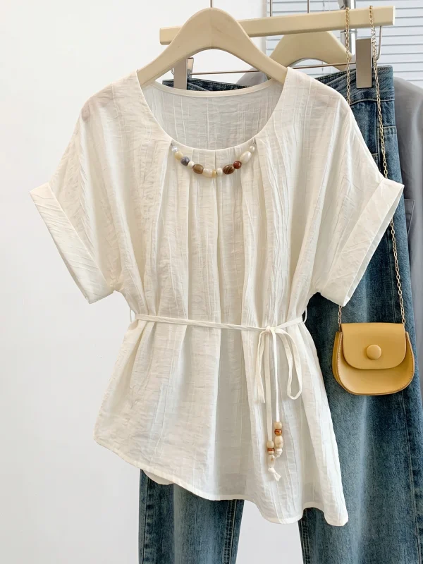 

Slim Fit Short Sleeve Chiffon Beaded Shirt Women's Summer New Style plus Size Waist Cinched Asymmetrical Top Korean Style