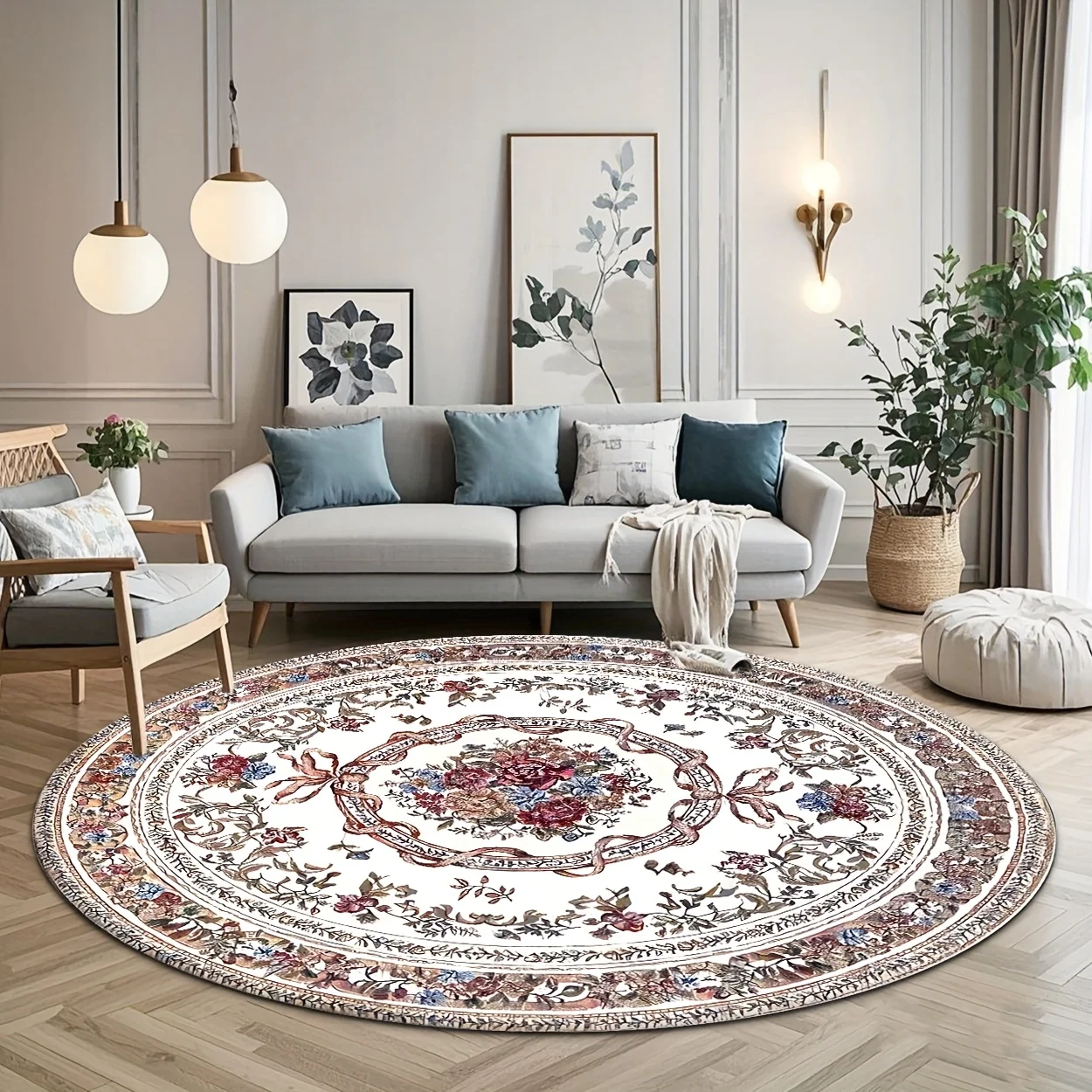 

Crystal velvet carpetGolden Diamond Velvet + 800g per square meter + Non-slip Point Plast Soles Round Mat, White Base with Vinta