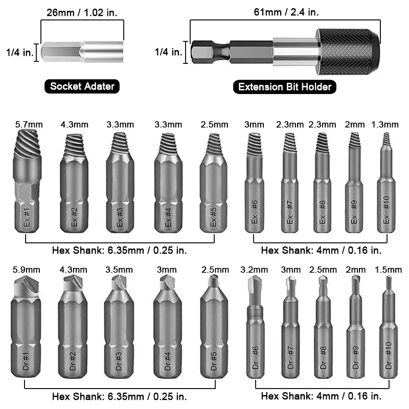 JUNEFOR Damaged Screw Extractor Set 22PCS Easy Out Stripped Screw Extractor Kit HSS Magnetic Extension Drill Bit Socket Adapter