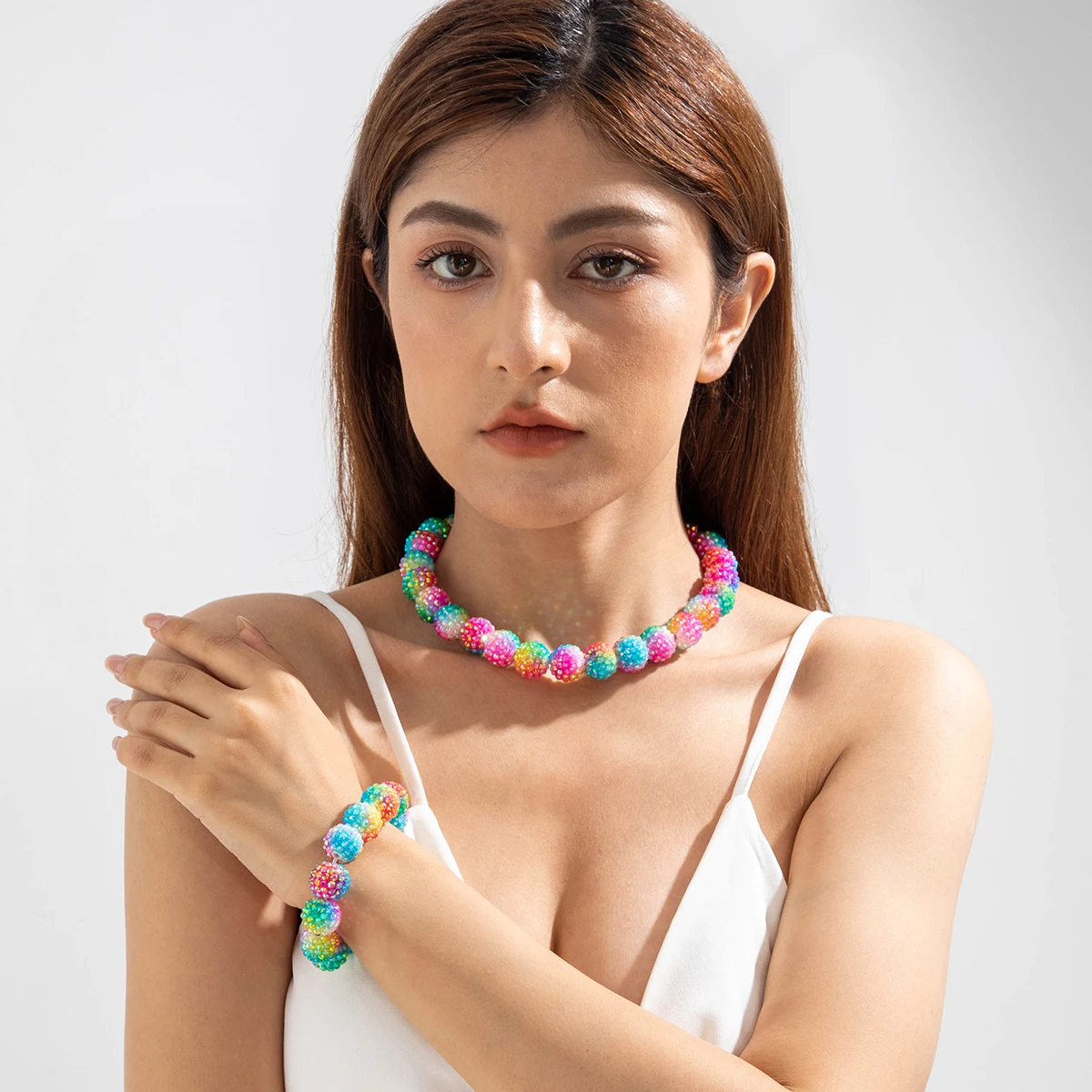 

Tocona Luxury Imitation Crystal Acrylic Bead Bracelet Necklace Set Shining Fashion Women Party Jewelry Stackable Gift Bracelet