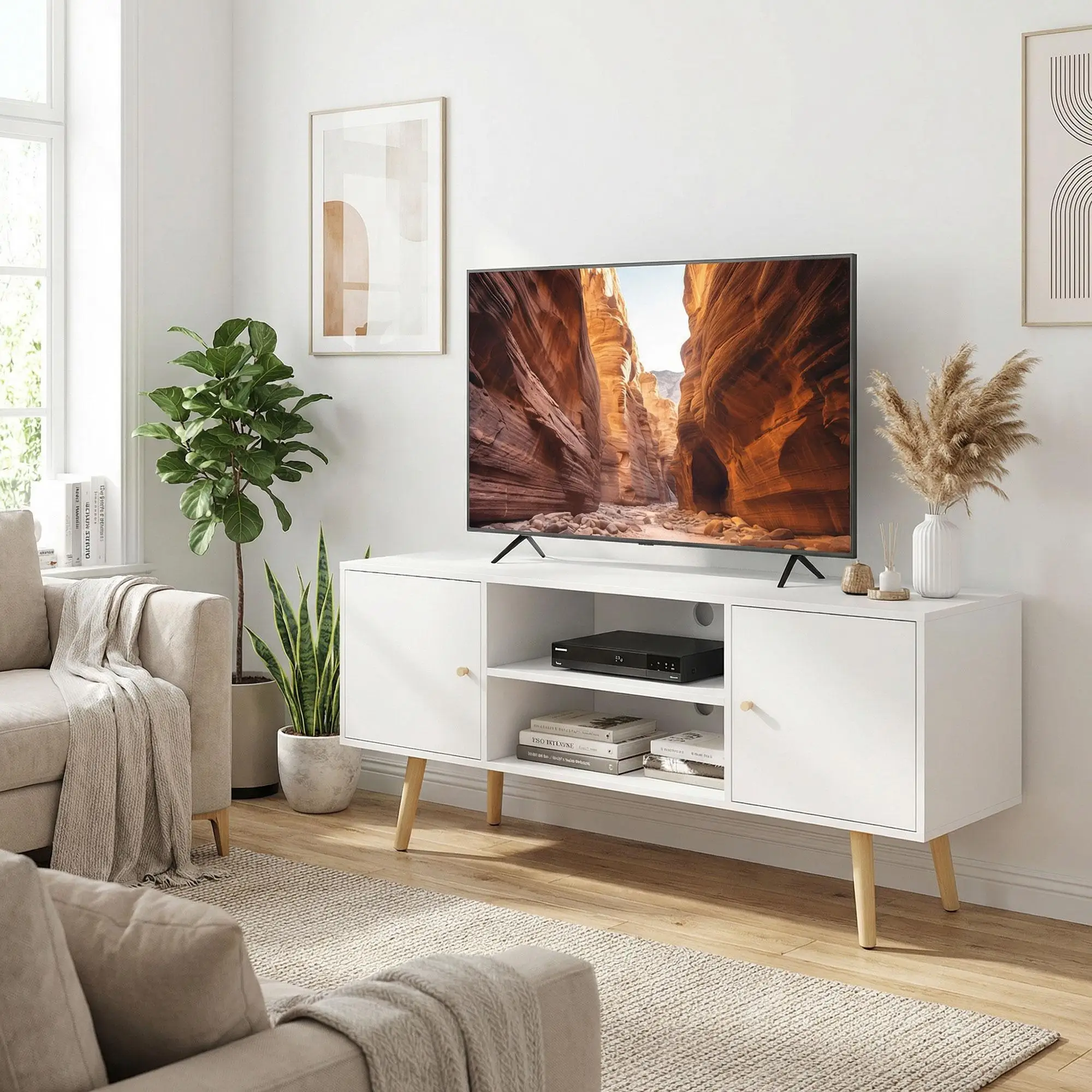 HOMCOM Mueble para TV de hasta 55 pulgadas, 2 estantes abiertos y 2 armarios Blanco 120x34x50cm