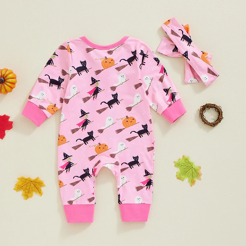 2024-08-02 Lioraitiin Cute Baby Halloween Romper Casual Pumpkin Broom Print Long Sleeve Jumpsuit and Hat for Girl Boy