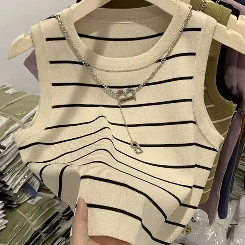 2025 New Striped Stretch Vest Basic Versatile Short Top Women's Clothing