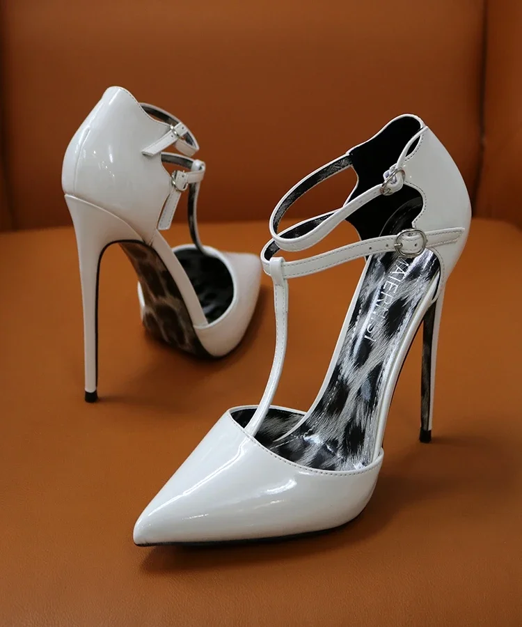 

Leopard print bottom hollow T-shaped high-heeled sandals with pointed toes, summer 2025 white slim heel 12cm sexy plus size