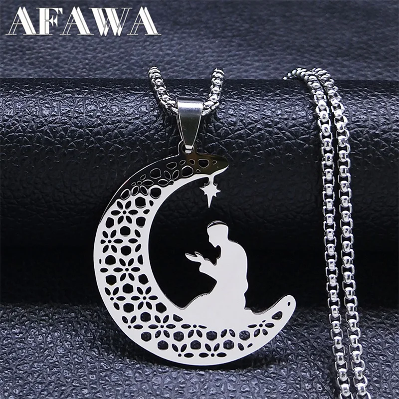 Islamic Muslim Pevout Prayer Necklace Stainless Steel Moon Star Spiritual Islam Pendant Necklaces Jewelry coran N2015S02