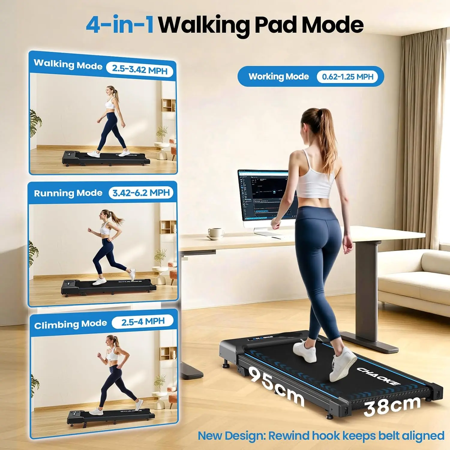 Walking Pad Treadmill for Home, 6.2MPH Under Desk Walking Pad with 9% Incline for Office Small Spaces, 2.75HP Quiet Running