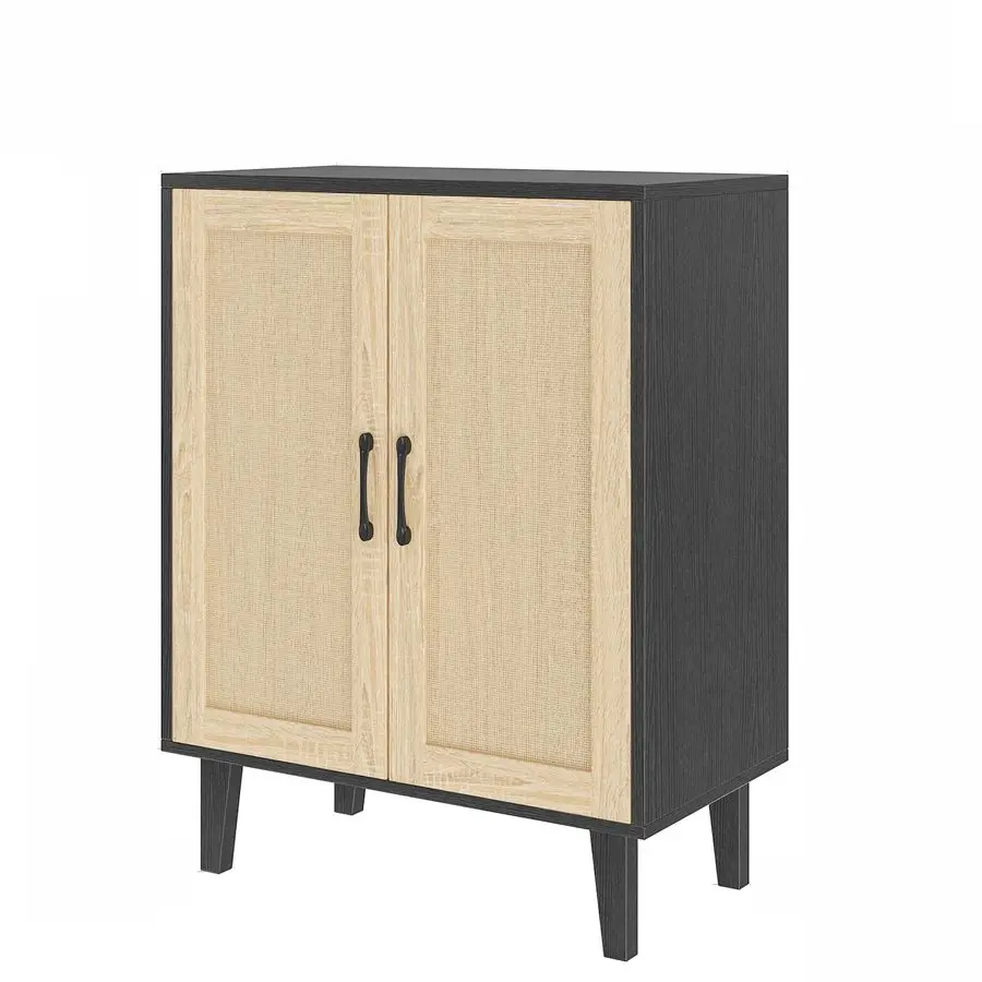 

Buffet Cabinet Sideboard with Rattan Decorated Doors Kitchen Storage Cupboard Accent Cabinet Black