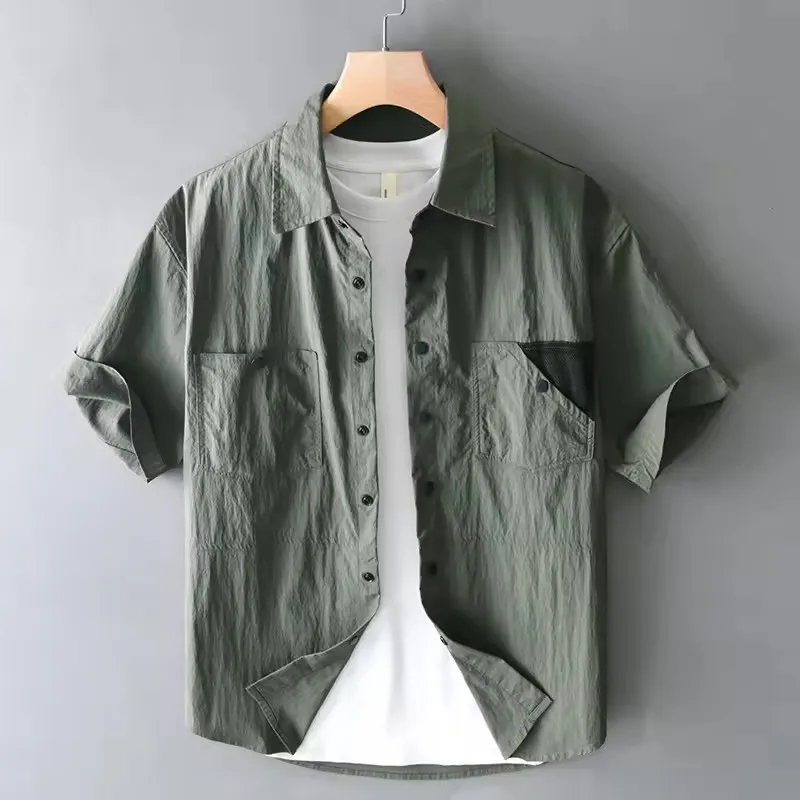 

2026 Spring Summer New Cargo Loose Cotton Short Sleeve Shirts for Men Clothing Big Pockets Breathable Soft Male Shirts