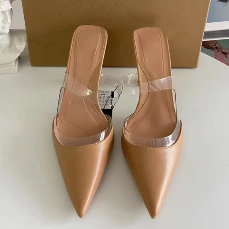 Summer Gold High Heels Sandals Woman 2024 Trendy Brand Designer Shallow PVC Elegant Slingbacks Big Size Party Lady Mules Shoes