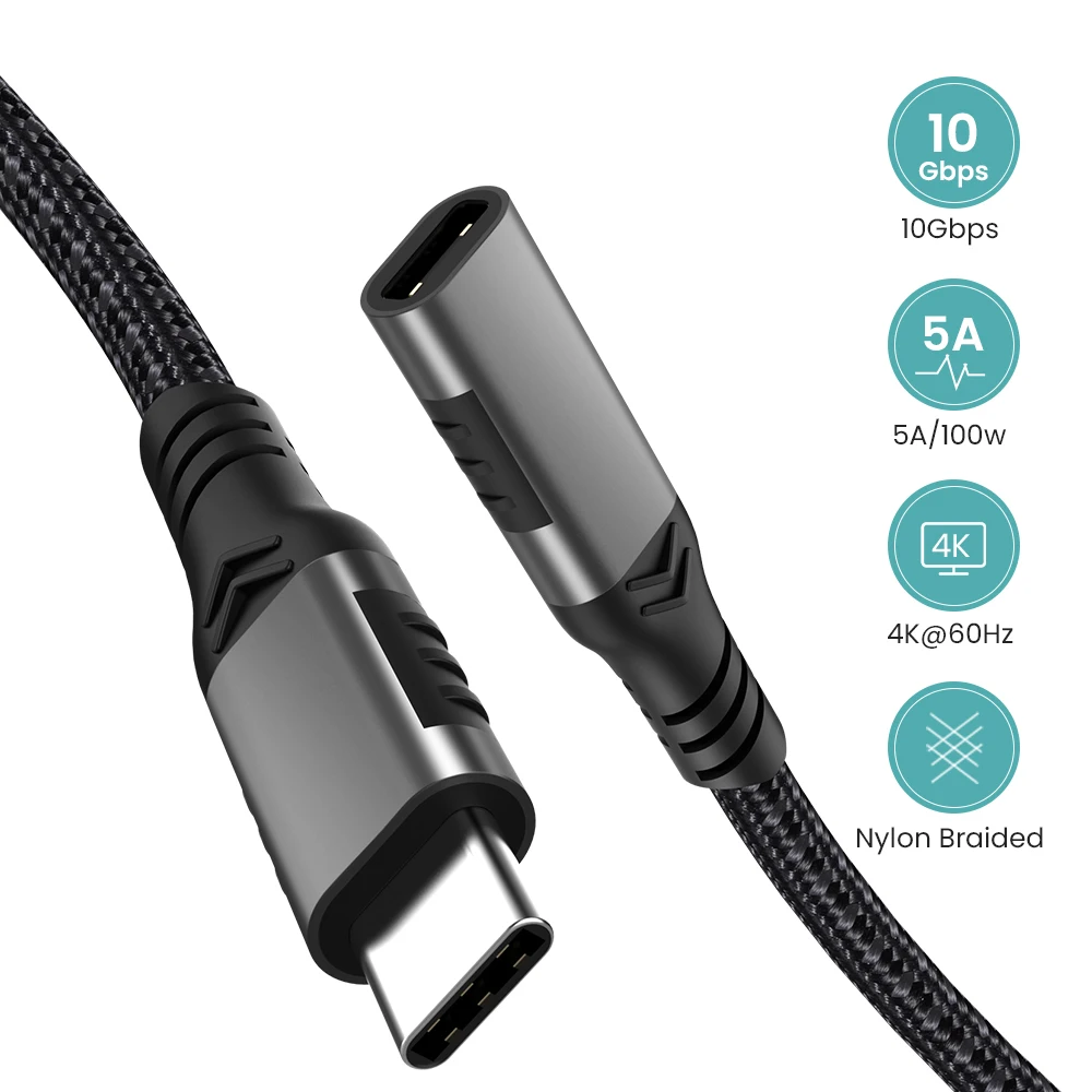 USB C Extension Cable 6.6ft USB Type-C Male to Female Cord USB3.1 Gen2/10Gbps Sync Data USB C Extender 100W/5A Fast Charging