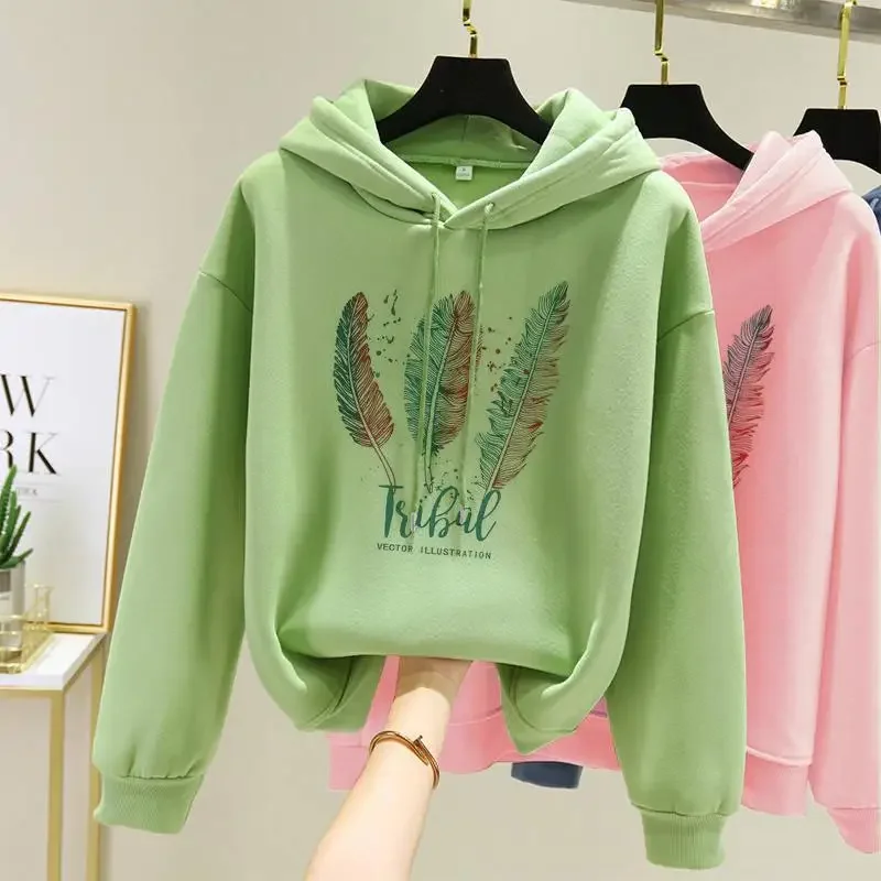 Women Fashion Feather Printed Hoodies Autumn Winter Plus Velvet Casual Loose Sweatshirt