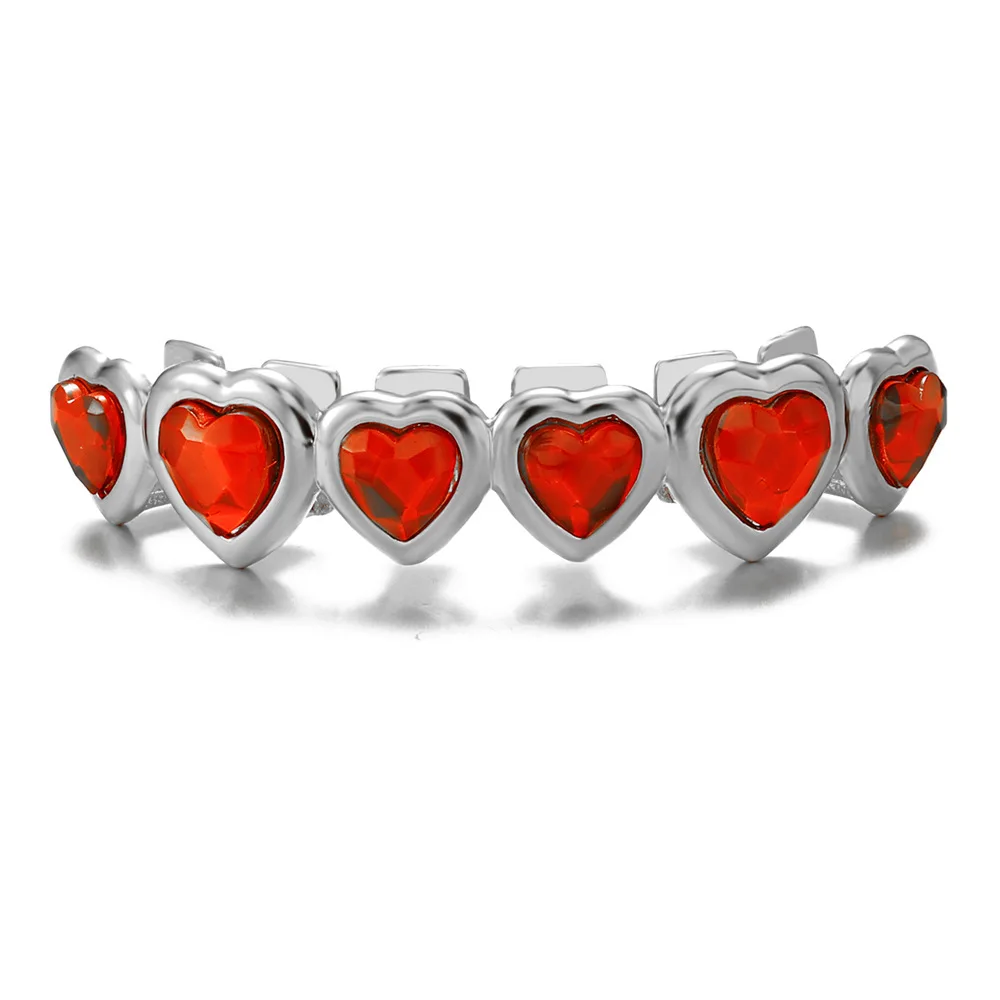 Hip Hop 6/6 Heart-Shaped Grillz Fashion CZ Stone Iced Out Charm Grills Dental Mouth Punk Teeth Body Jewelry Gift