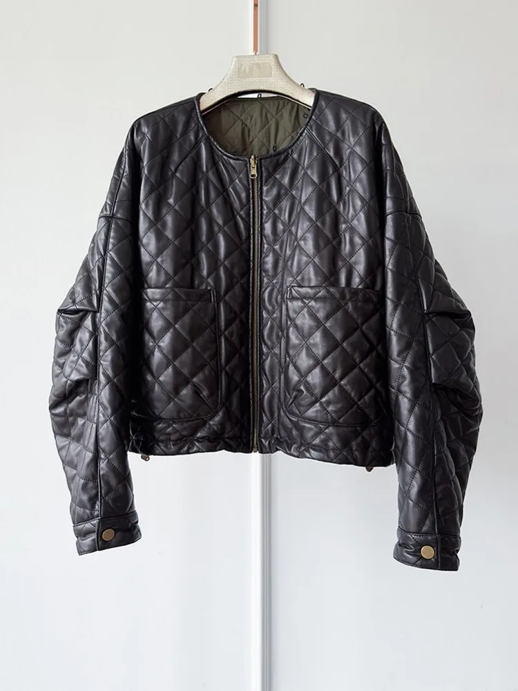Winter Women Vintage Reversible Padded Coat Wool Collar Sheepskin Genuine Leather Jacket Zip Casual Oversized Loose Fit Overcoat