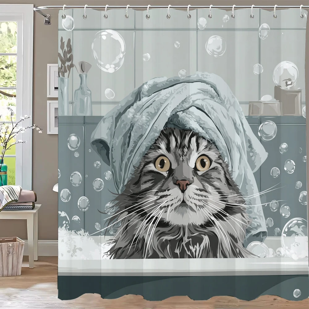 Kids Cartoon Animal Shower Curtain Funny Letters Blue Watercolour Fish Polyester Fabric Washable Shower Curtains Bathroom Decor