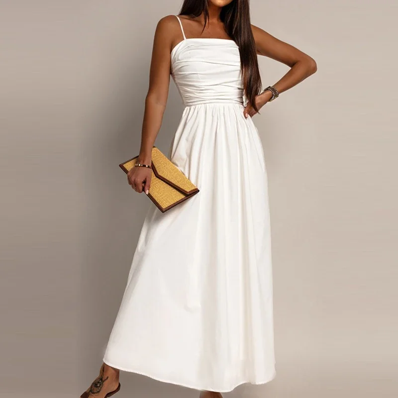 

LIBIELIY Summer Lady Sexy Sleeveless Hollow Evening Dress Fashion Pleated Long Party Dress Elegant Off Shoulder Backless Big Sw