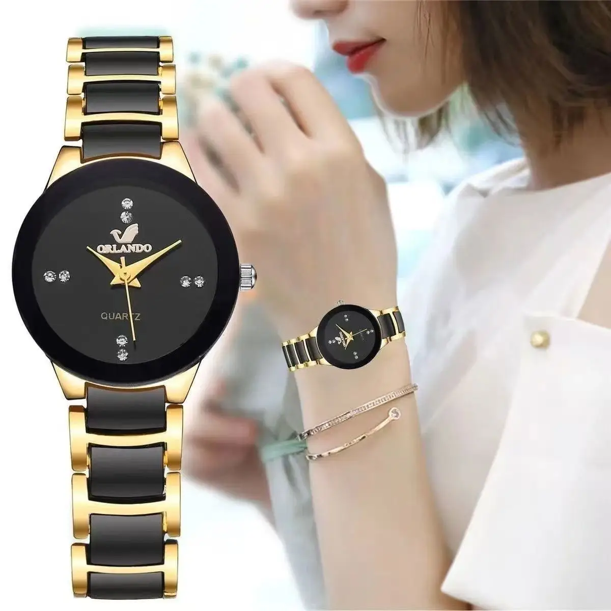 New fashionable gold-plated steel strap women's watch, simple and versatile quartz wristwatch