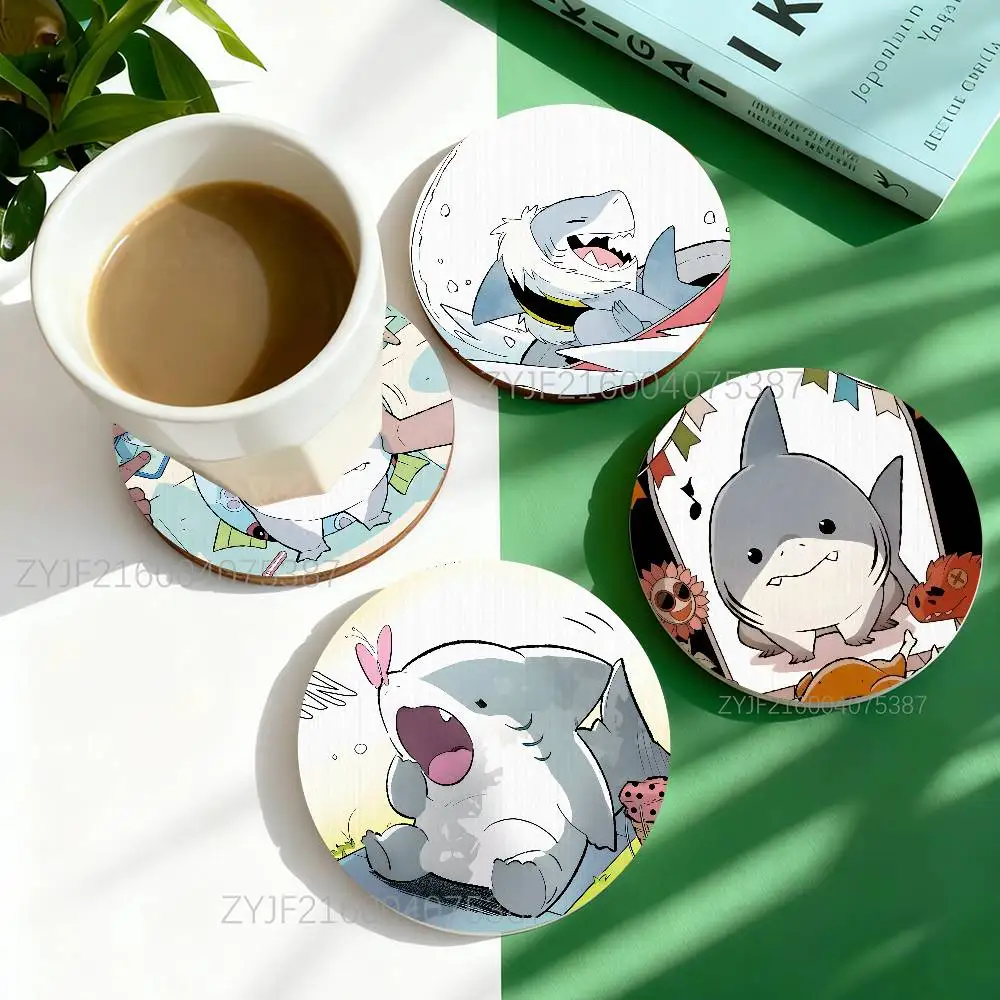 

J-Jeff The Land S-Shark Pattern Art Coasters Round Wooden Heat Resistant Non-Slip Home Decor Gift Multifunctional