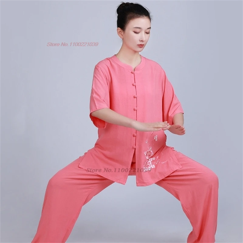 Uniforme tradicional chino taichi wushu, conjunto de artes marciales de lino y algodón con bordado de flores para práctica de entrenamiento de ejercicio kungfu, 2024