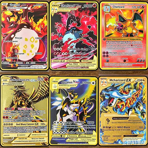 The Winged Dragon of Ra GX Charizard Theme Metal  Mewtwo，6Pcs Gold Foil Fan Art Trading Cards Collection Toy Gift
