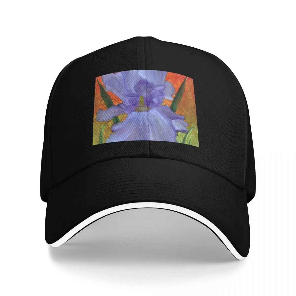 

Rainbow Purple Iris Flower Against Fiery Sunset Colors, Abstract Oil Painting, Colorful Flower, Nature-Inspired, Un Baseball Cap