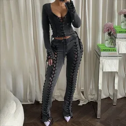 Women Black Jeans High Waist Slimming Lace-up Pants Street Casual Female Pants