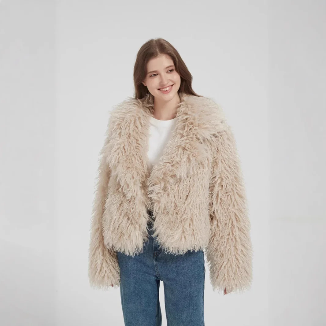 

Плюшевая женская зимняя шуба из искусственного меха, однотонный костюм с воротником, детальная женская куртка из искусственного меха, верхняя одежда из меха с плюшевыми волосами для женщин