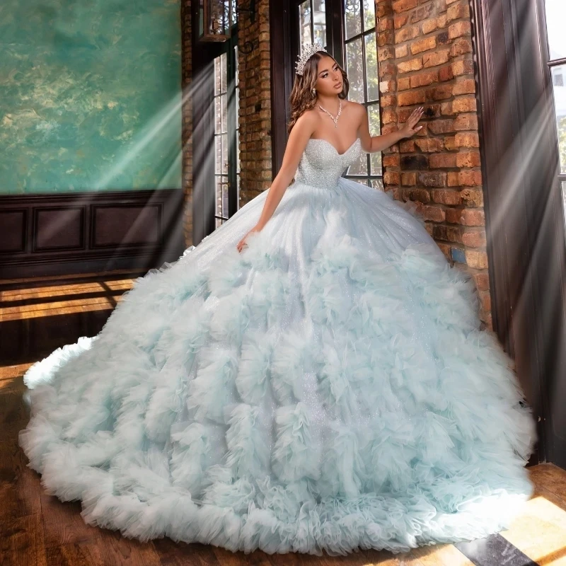 

Aqua Blue Off Shoulder Quinceanera Dresses Beaded Crystal Tull Tiered Ball Gown Sweet 16 Birthday Party Vestidos De 15 Años