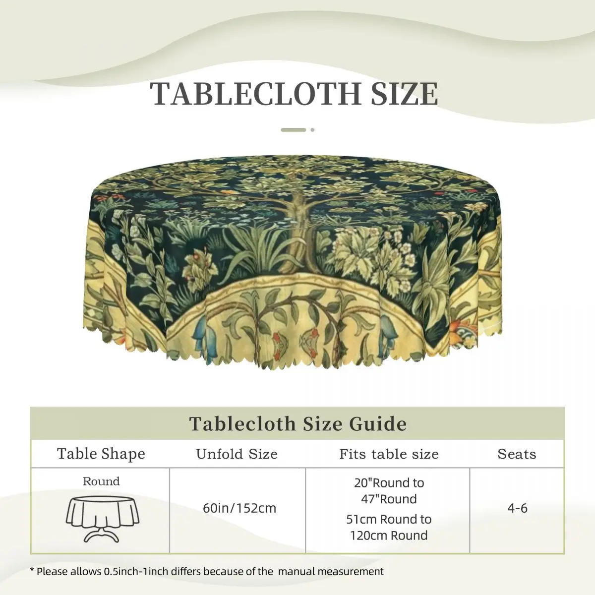 Tree Of Life By William Morris Round Tablecloths 60 Inches Floral Textile Pattern Table Cover for Parties Table Cloth