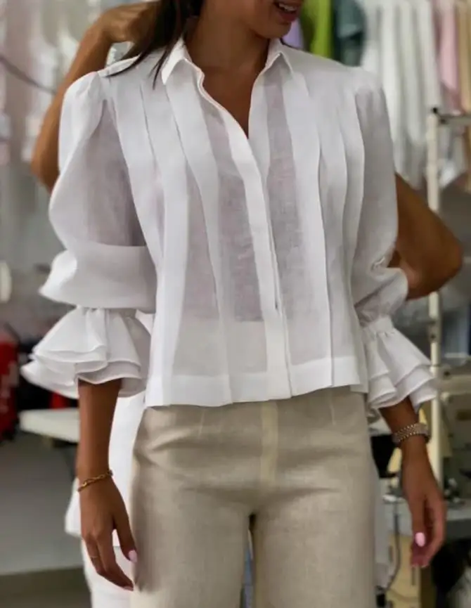 Turn-Down Collar Puff Sleeve Loose Blouse Casual Pleated Linen Crop Top Women's Summer Fashion Casual Wear