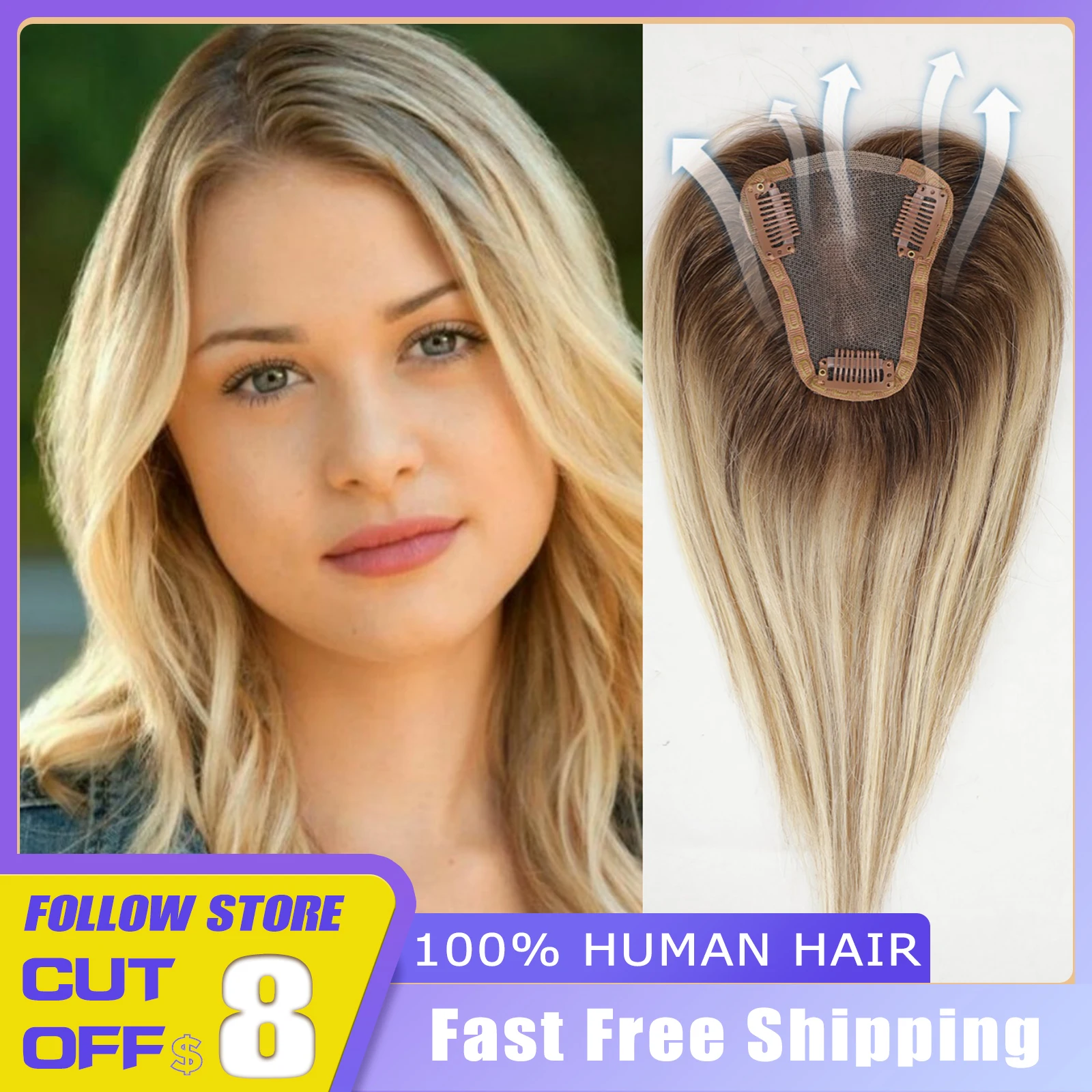 

EASIHAIR Human Hair Toppers Brown to Blonde Omber Base Clip in Topper Middle Part Top Hair for Women with Thinning Hair Clips