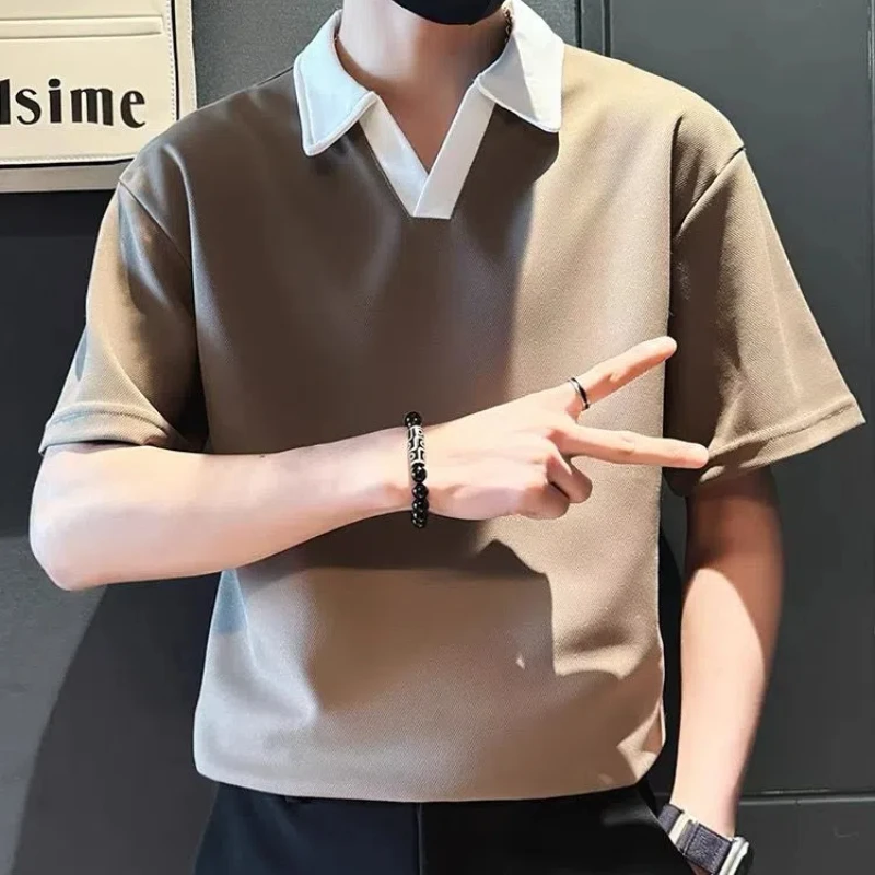 New Summer High-end Lapel Short-sleeved T-shirt for Men's Trendy and Handsome Fashion Contrasting V-neck Korean Polo Shirt