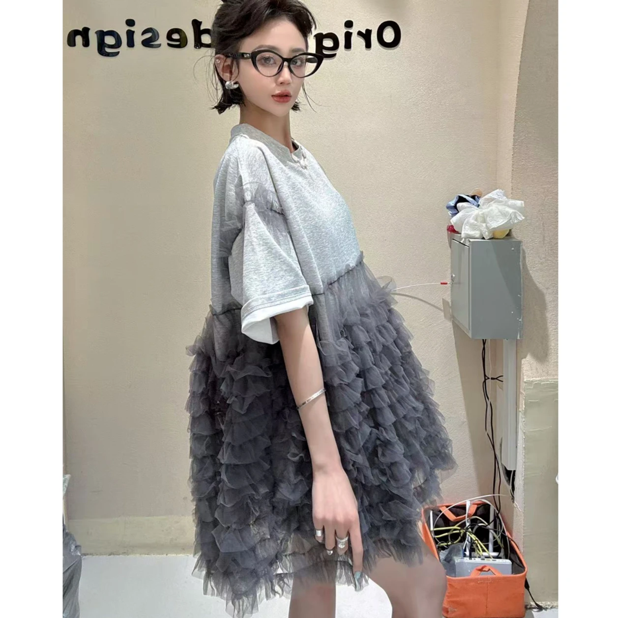 Zomer Luxe Vrouw Mesh Gesplitste Ruches T-shirts Gaas Geplooide Ruches Tee Jurk Korte Mouwen Garen Lotus Jumpers Tops Vestidos